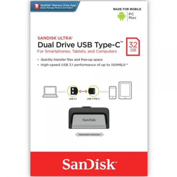 Memoria Flash USB SanDisk De 32GB USB 3.1 Tipo C / hasta 150MB/S / SDDDC2-032G-G46