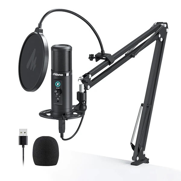 Kit de microfono profesional para podcast PM422 / Base, pop filter y microfono cardioide USB con boton de silencio tactil