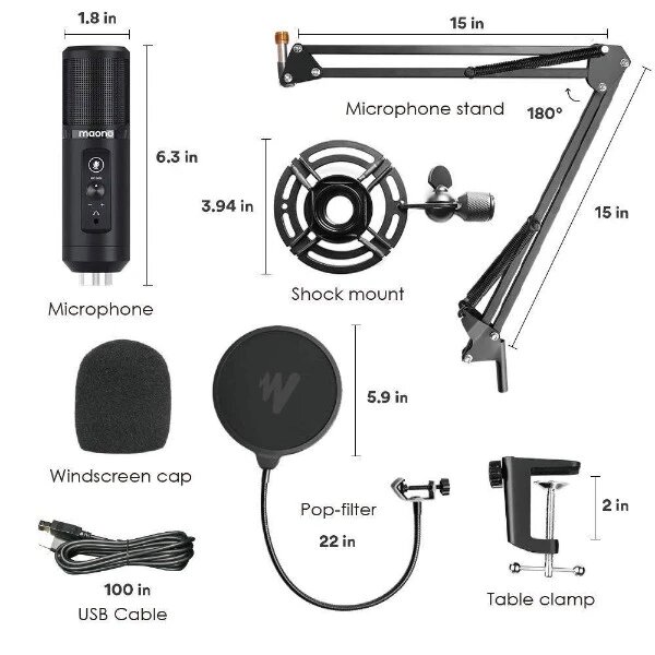 Kit de microfono profesional para podcast PM422 / Base, pop filter y microfono cardioide USB con boton de silencio tactil