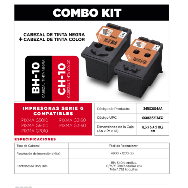 Kit de cabezales Canon BH-10 Negro y CH-10 Color para equipos: G5010 G6010 G7010 G2160 G3160